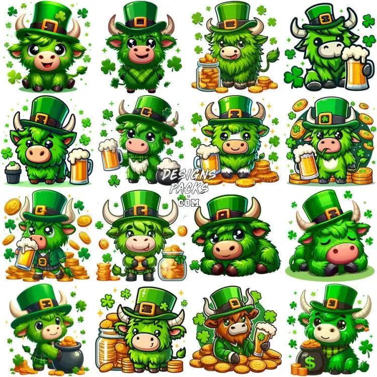 17 St. Patrick’s Day Cartoon Highland Cow Designs Bundle PNG