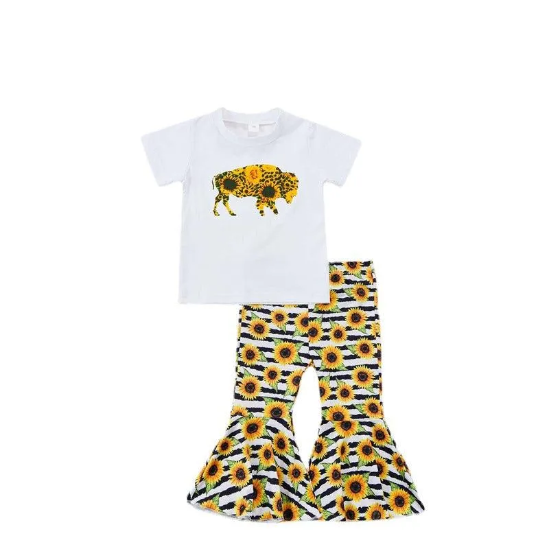 18m-6Y Toddler Girls Sets T-Shirts & Sunflower Print Bell Bottom Pants Wholesale Little Girl Clothing