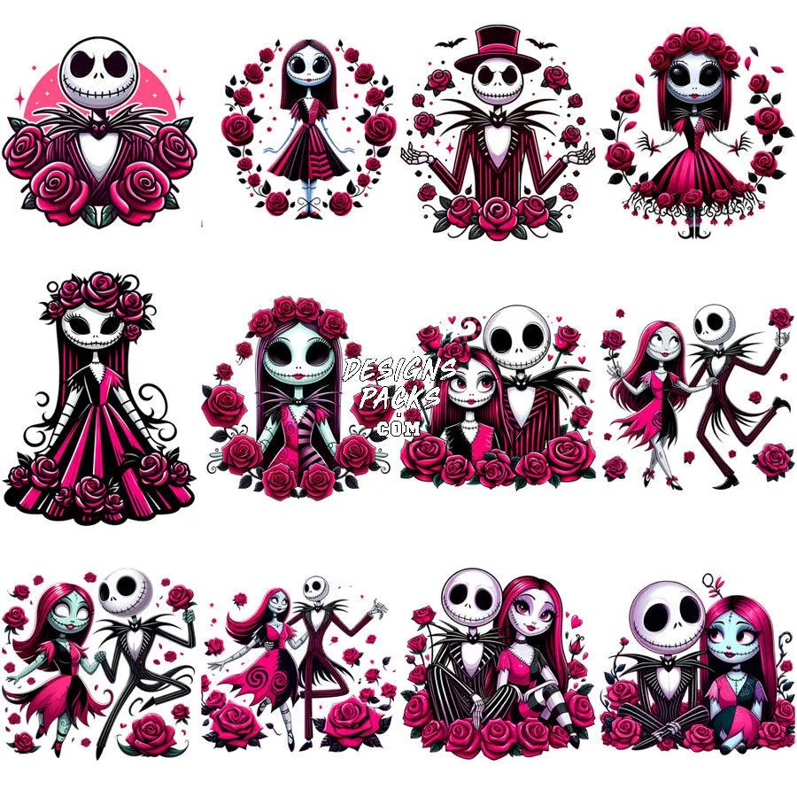 21 Jack and Sally Valentine Flowers Halloween Designs Bundle PNG