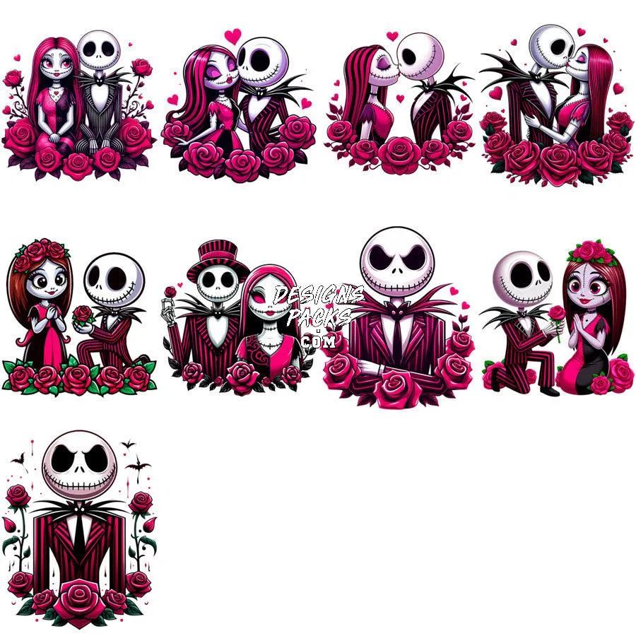 21 Jack and Sally Valentine Flowers Halloween Designs Bundle PNG