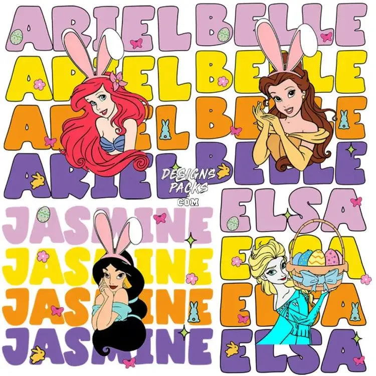 4 Cartoon Easter Day Princess Designs Bundle PNG