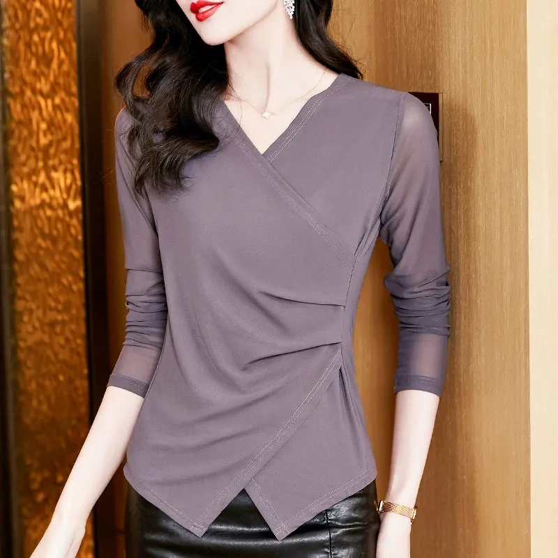 American Mesh Tops Fancy Cross V-neck Bottoming Shirt Women's Inner Wear Autumn Western Style Youthful-Looking Gauze Clothes Long Sleeves T-Shirt