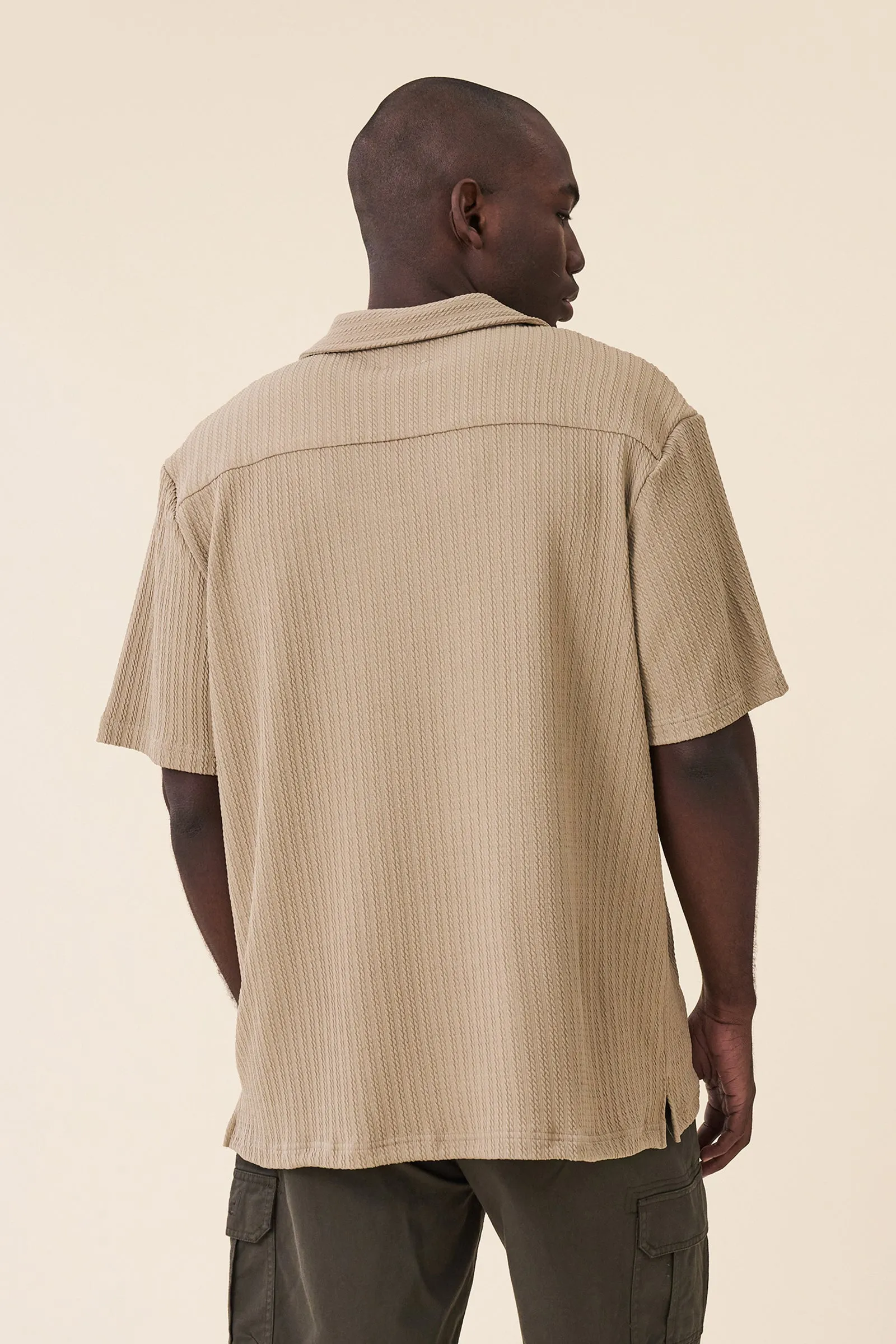 BEIGE CABLE TEXTURE CUBAN SS SHIRT