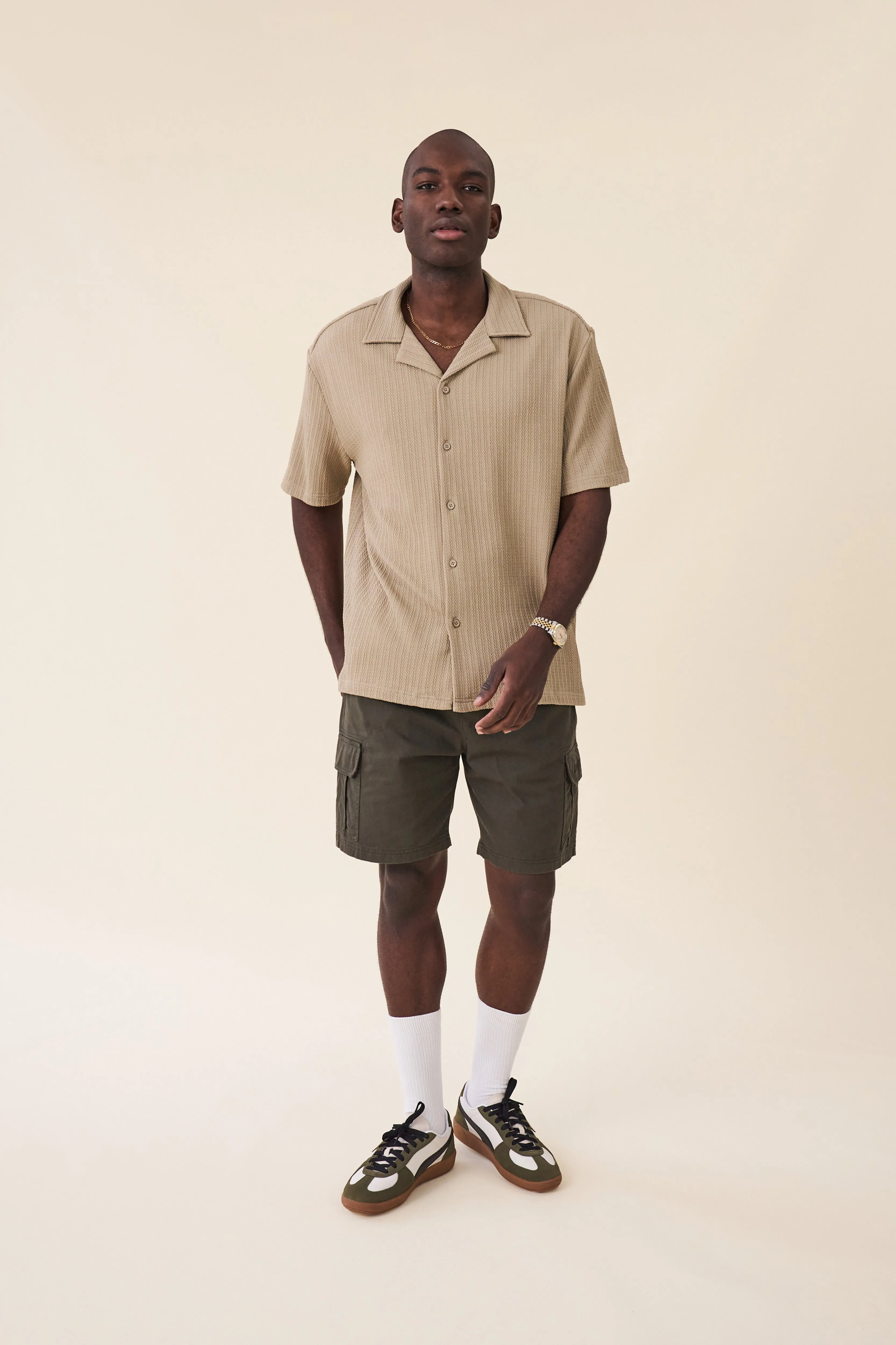 BEIGE CABLE TEXTURE CUBAN SS SHIRT