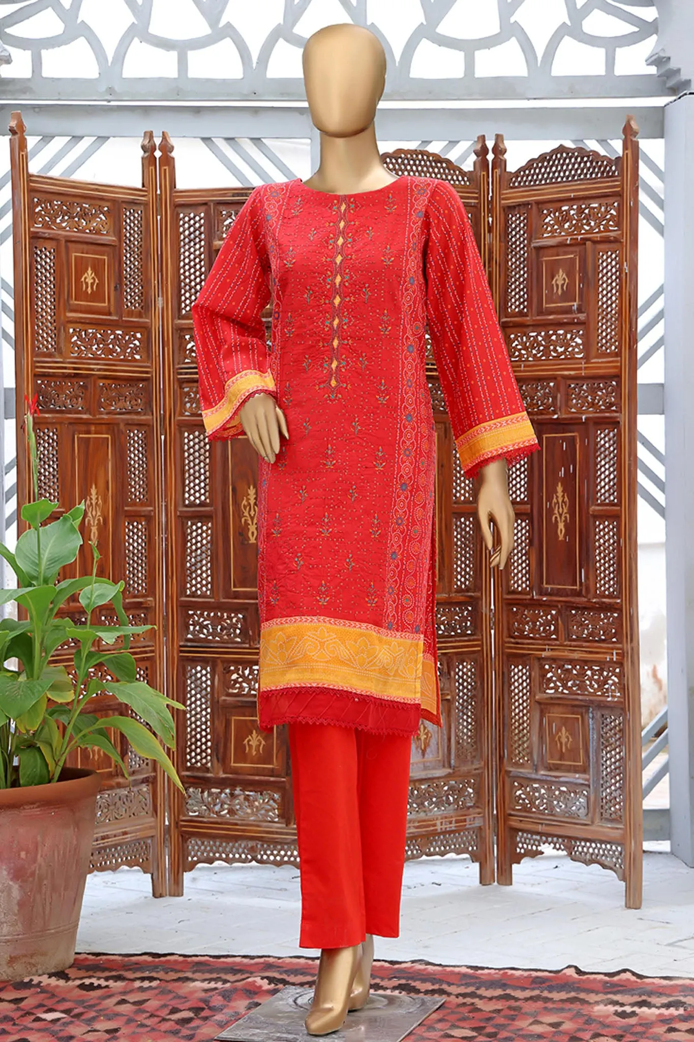 Bin Saeed Stitched Embroidered Lawn Shirts Collection'2022-L-025-Red