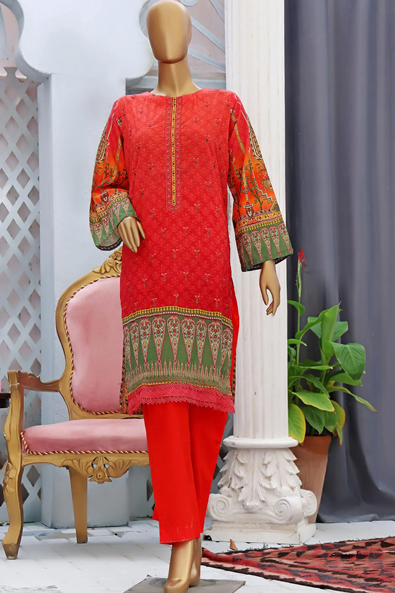 Bin Saeed Stitched Embroidered Lawn Shirts Collection'2022-L-040-Red