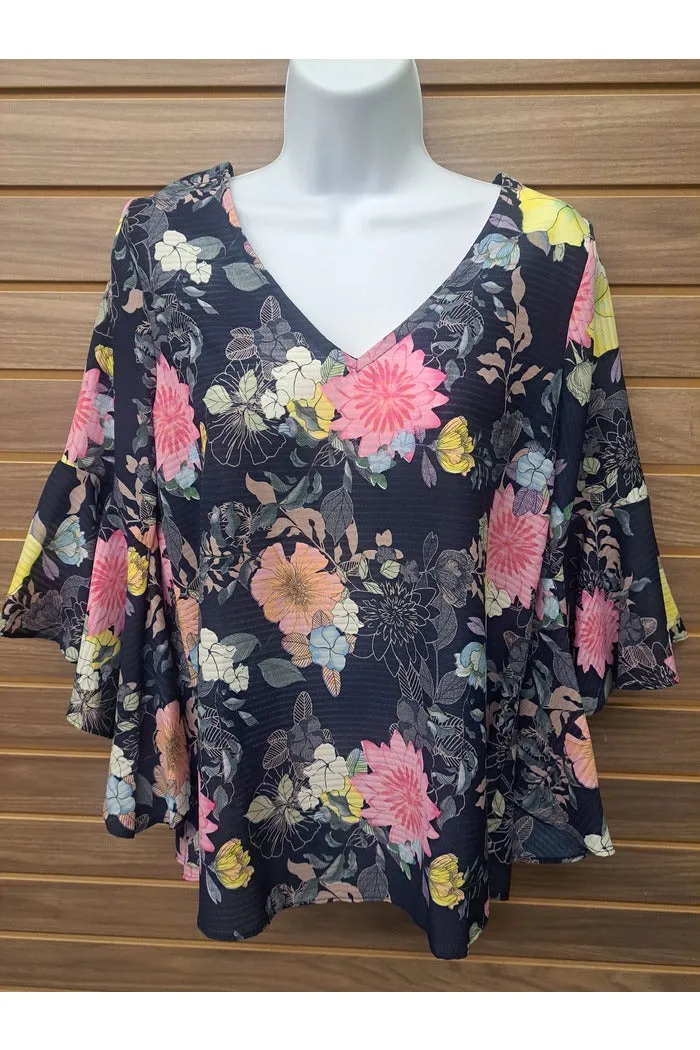 Blue floral bell sleeve back tie top