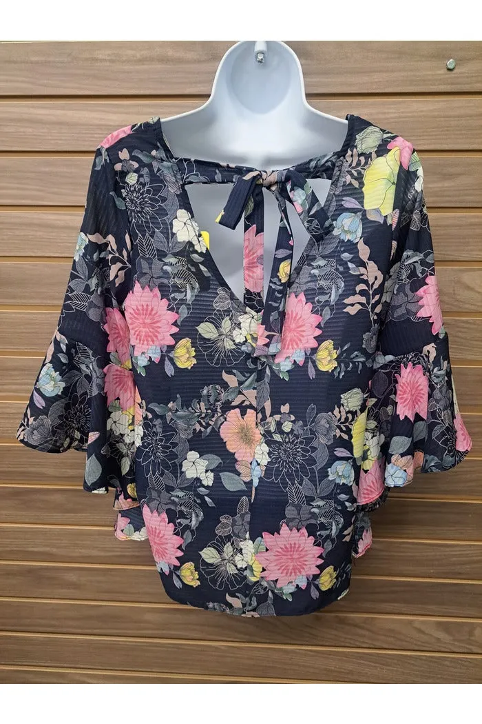 Blue floral bell sleeve back tie top