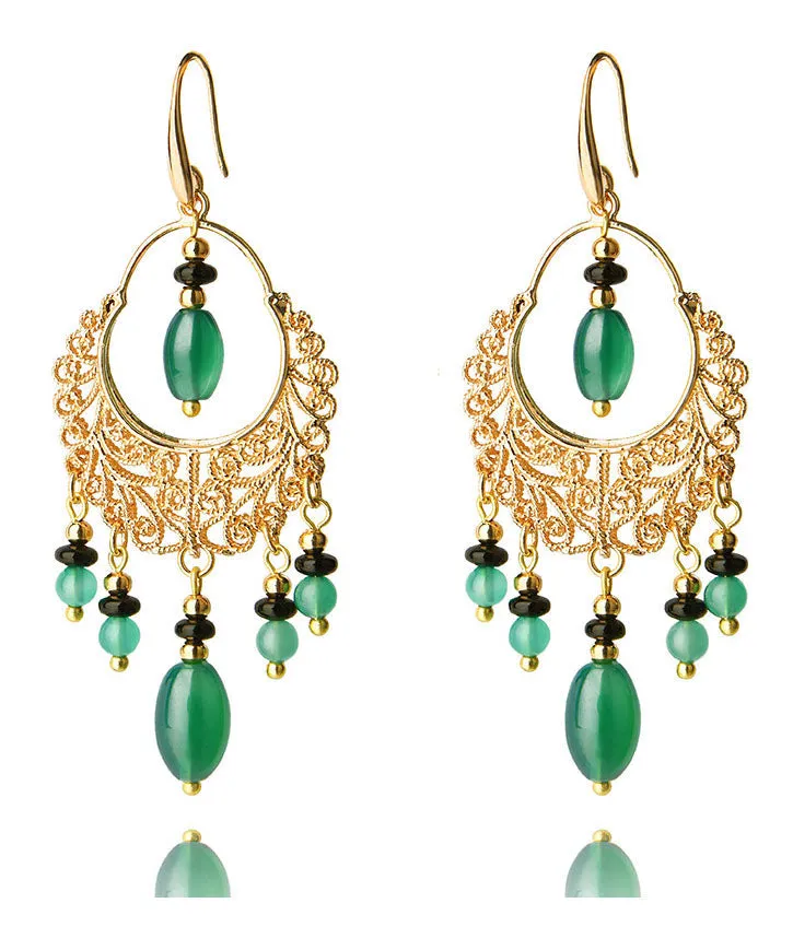 Bohemian Green Agate Tassel 14K Gold Drop Earrings