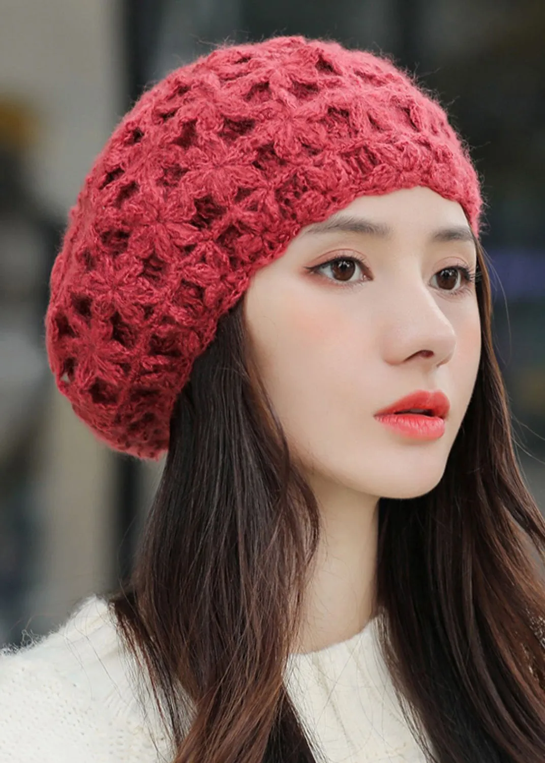 Boutique Khaki Hollow Out Cotton Knit Beret Hat