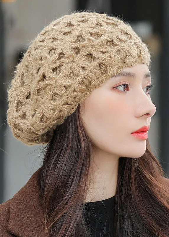 Boutique Khaki Hollow Out Cotton Knit Beret Hat