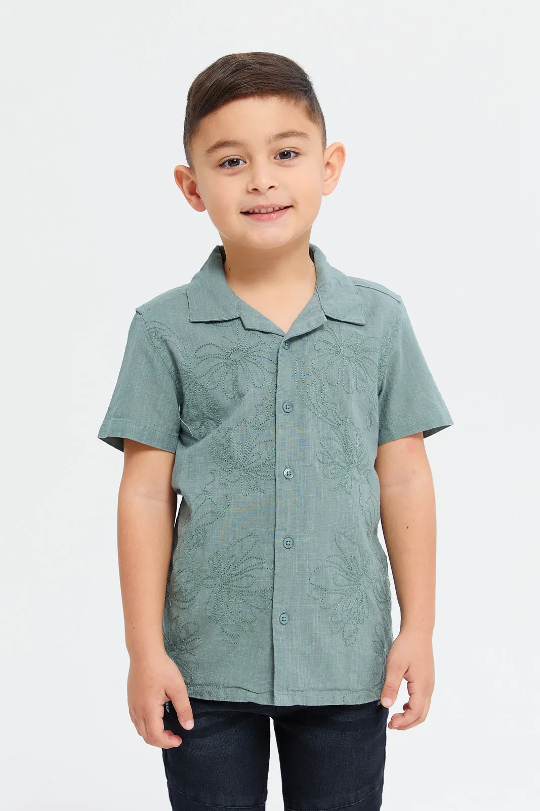 Boys Green Front Embroidery Oversized Shirt