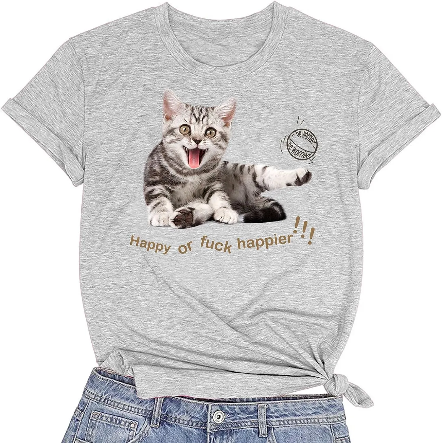 CORIRESHA Women's Happy Cat T-Shirt Crewneck Short Sleeve Summer Loose Cute Top