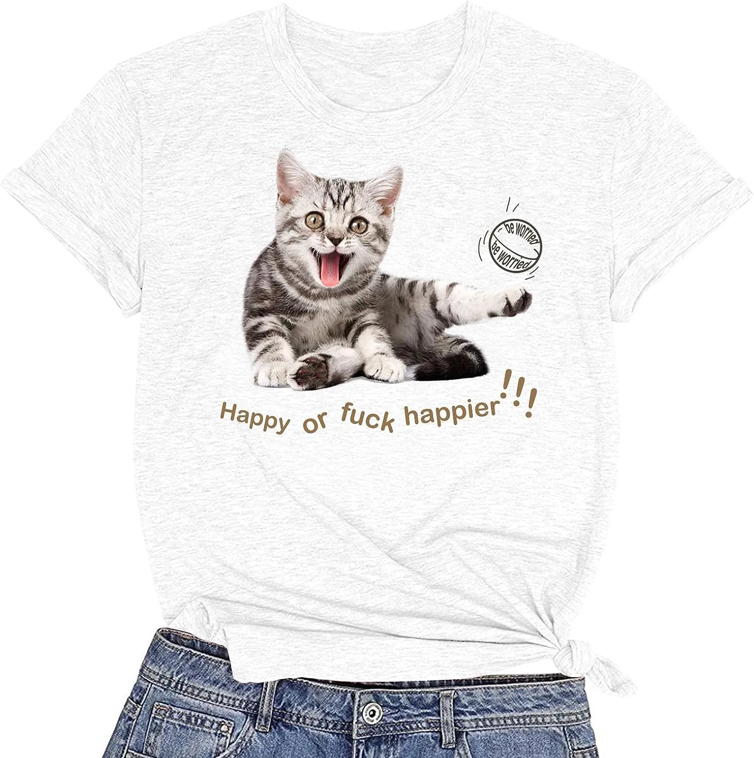 CORIRESHA Women's Happy Cat T-Shirt Crewneck Short Sleeve Summer Loose Cute Top