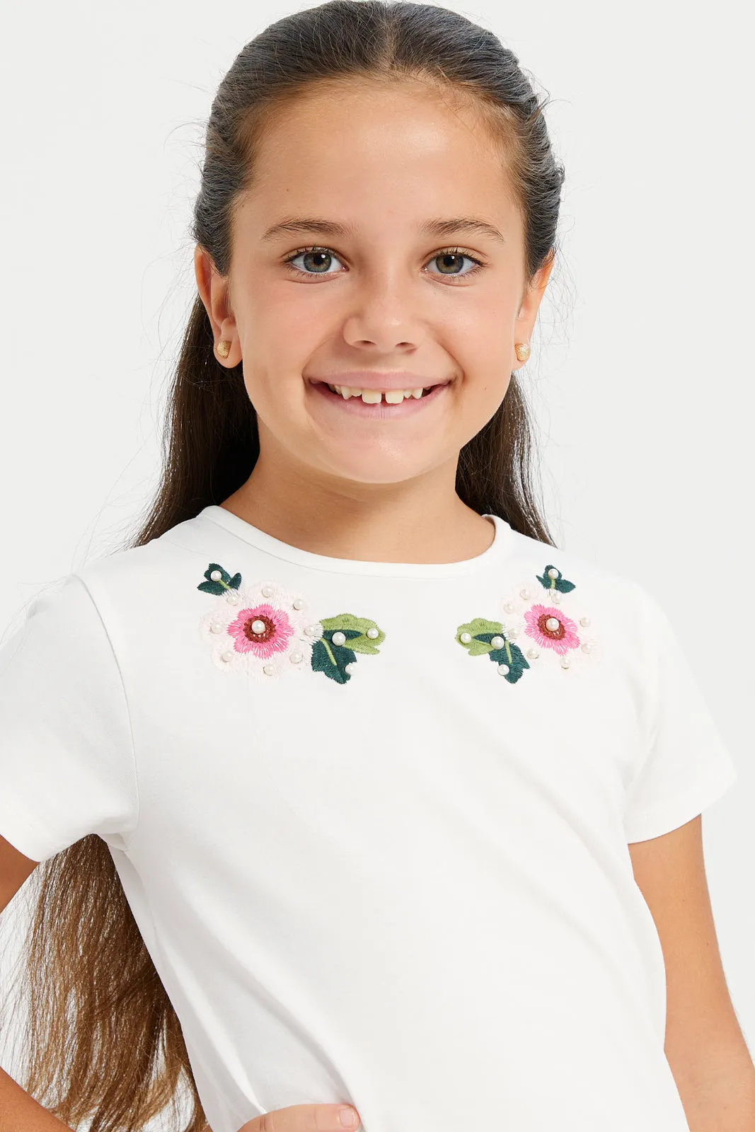 Girls White Embroidered Round Neck T Shirt