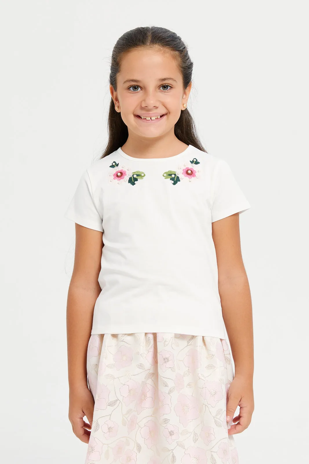 Girls White Embroidered Round Neck T Shirt