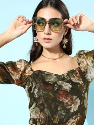 Green Floral Chiffon Puff Sleeves Top