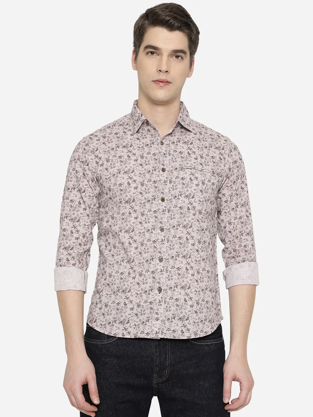 Ice Grey Printed Slim Fit Semi Casual Shirt | Greenfibre