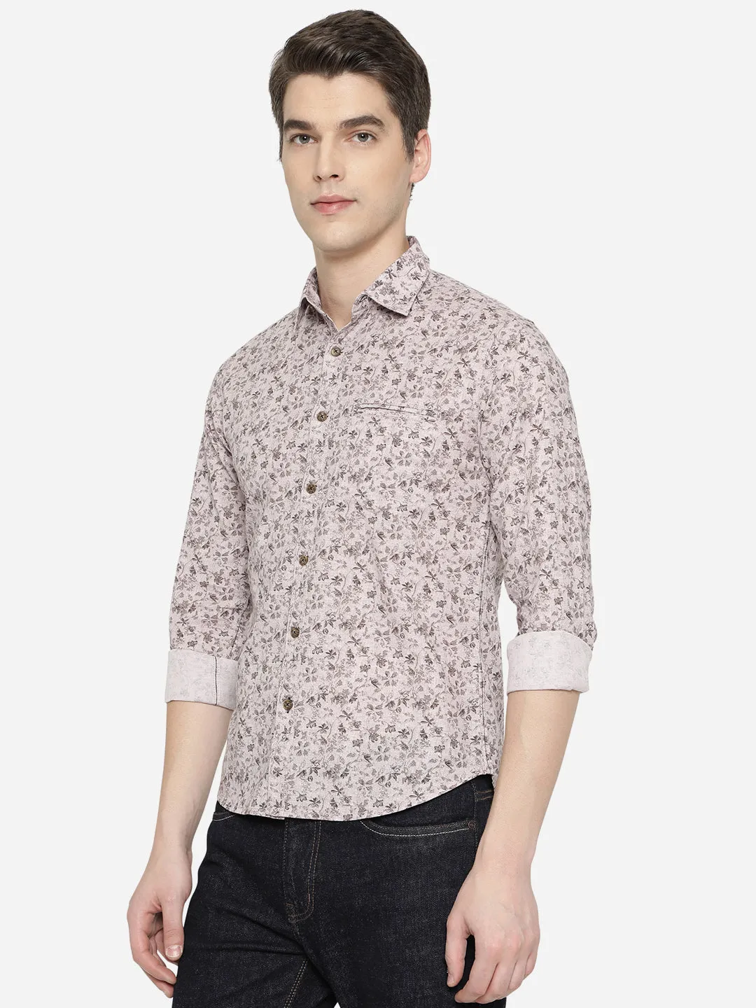 Ice Grey Printed Slim Fit Semi Casual Shirt | Greenfibre