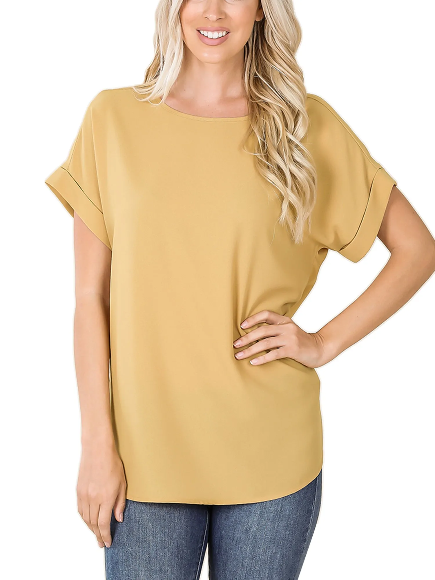 KOGMO Women's Short Sleeve Boat Neck Solid Woven Top Tee (S-3X)