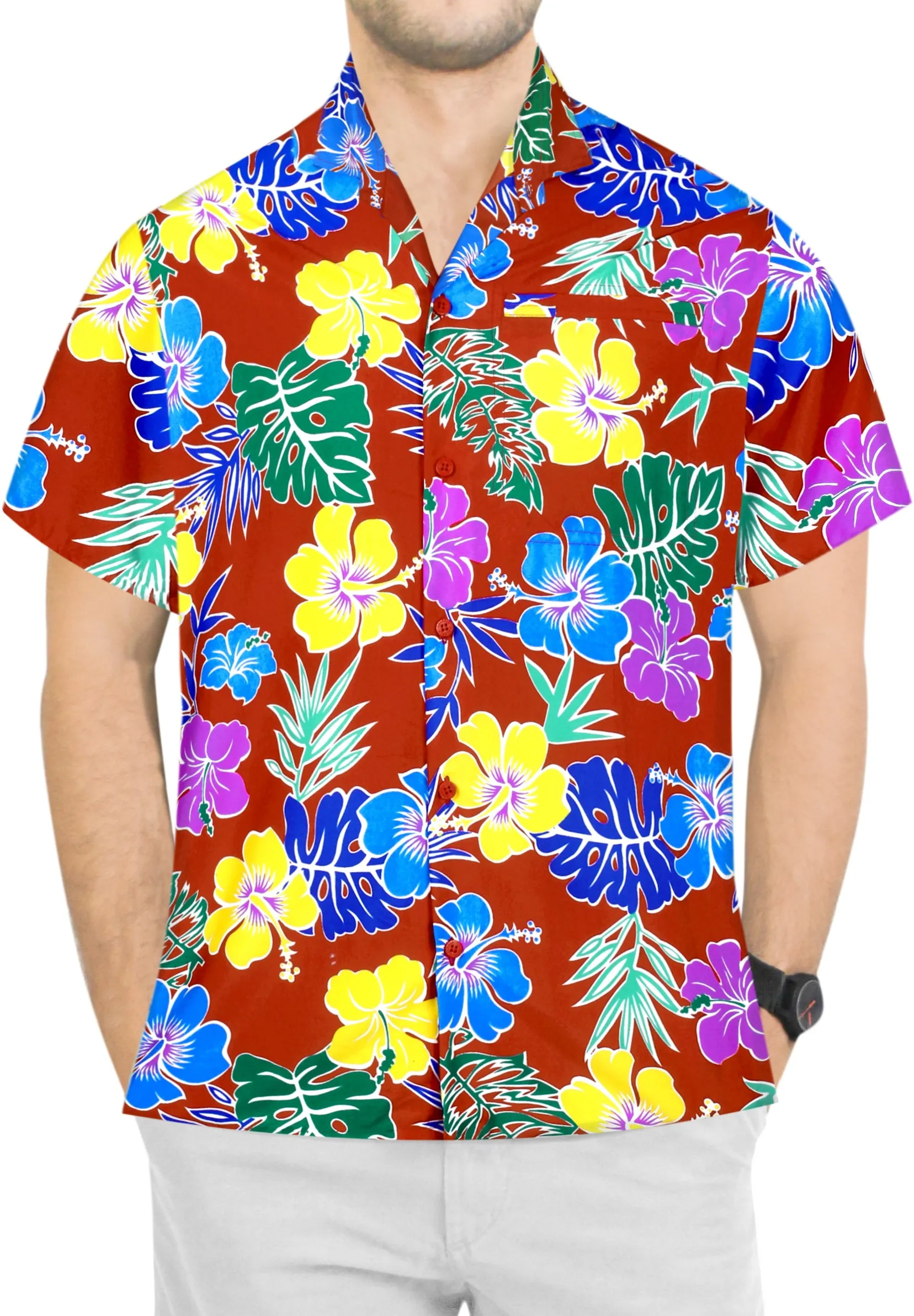 LA LEELA Shirt Casual Button Down Short Sleeve Beach Shirt Men Aloha Pocket Blood Red_AA180