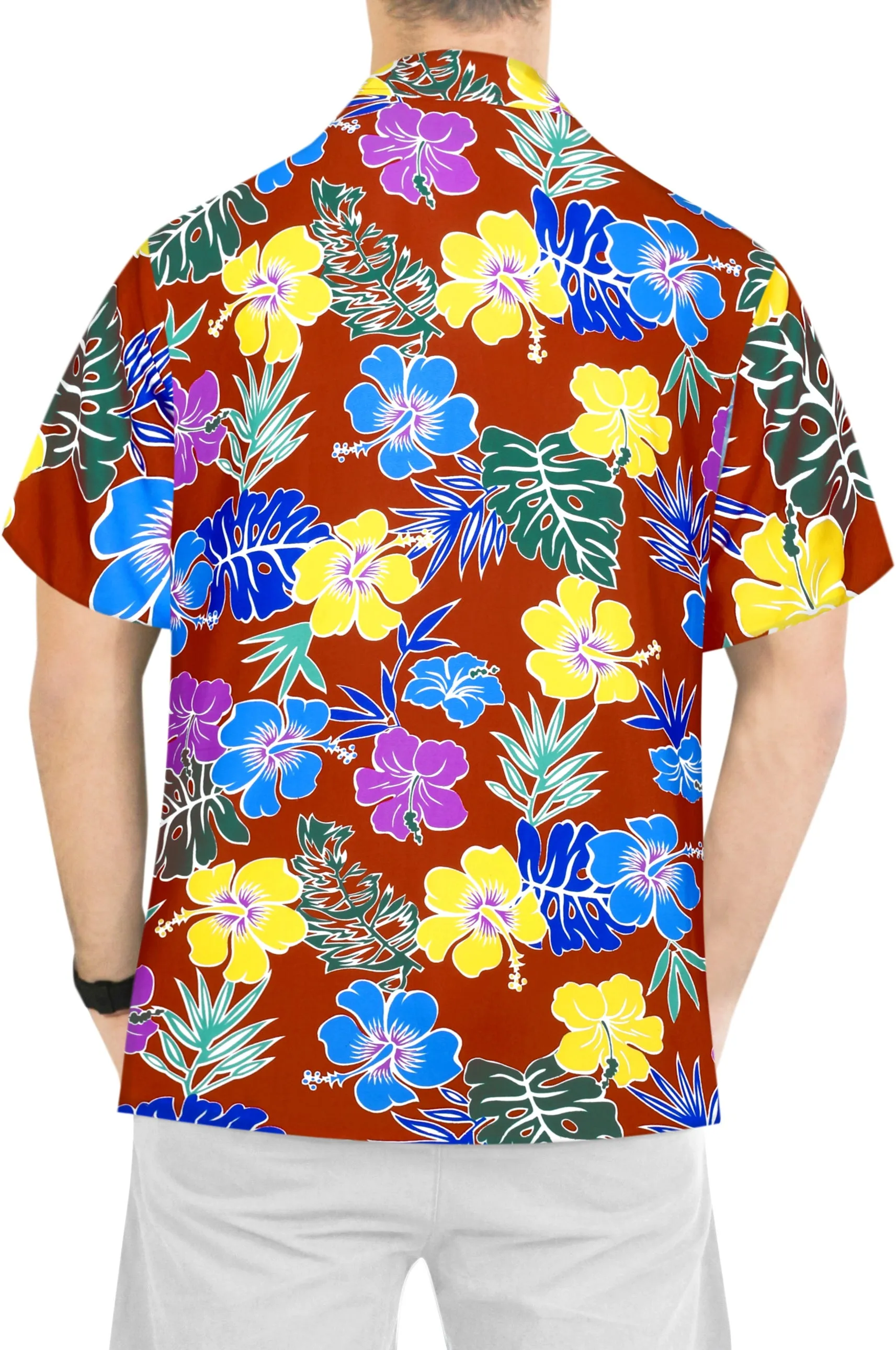 LA LEELA Shirt Casual Button Down Short Sleeve Beach Shirt Men Aloha Pocket Blood Red_AA180