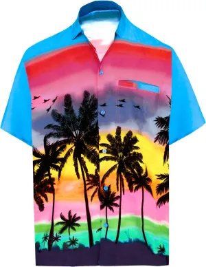 LA LEELA Shirt Casual Button Down Short Sleeve Beach Shirt Men Aloha Pocket shirt Blue_W584