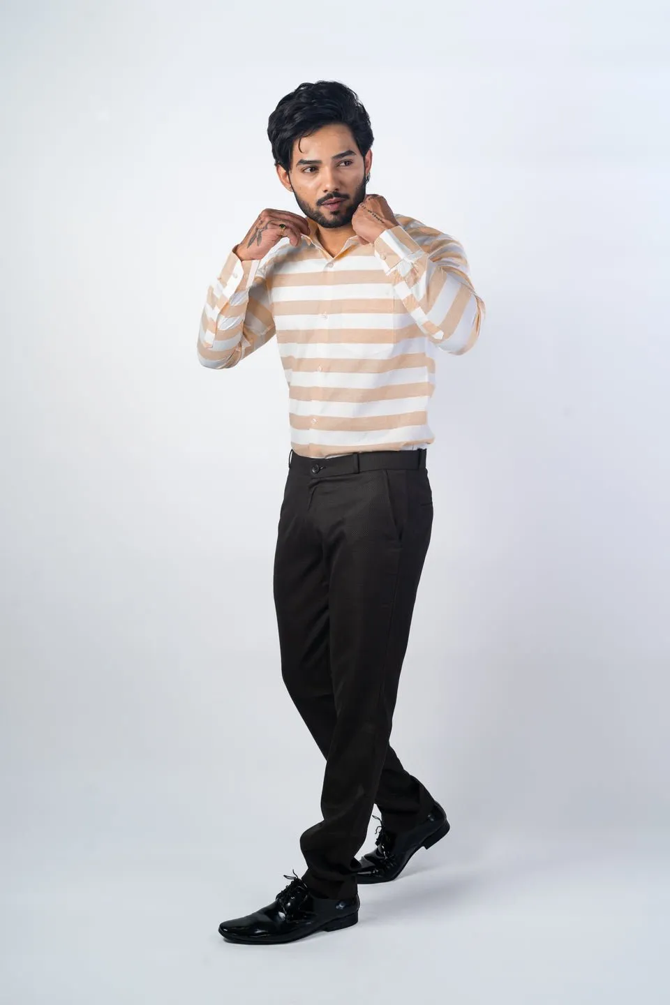 Light Tan Color Cotton Stripe Shirt For Men