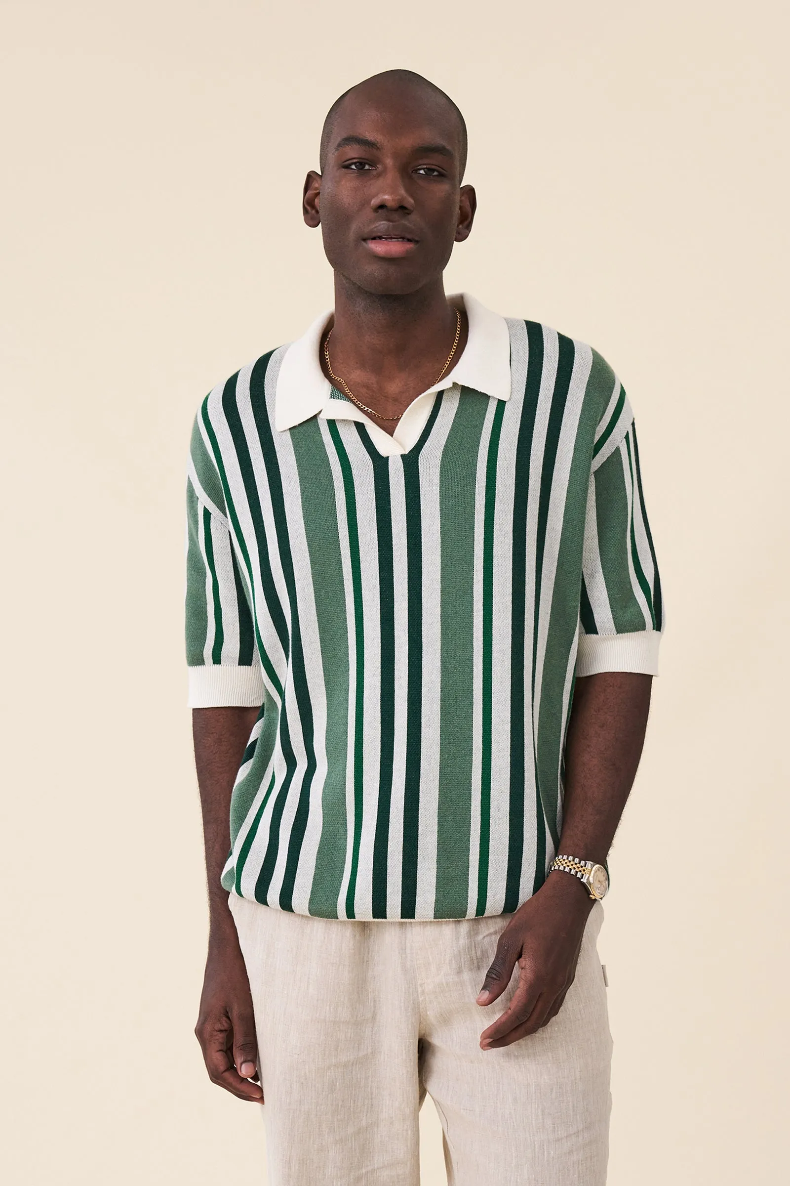 MARTINET GREEN STRIPE KNIT POLO