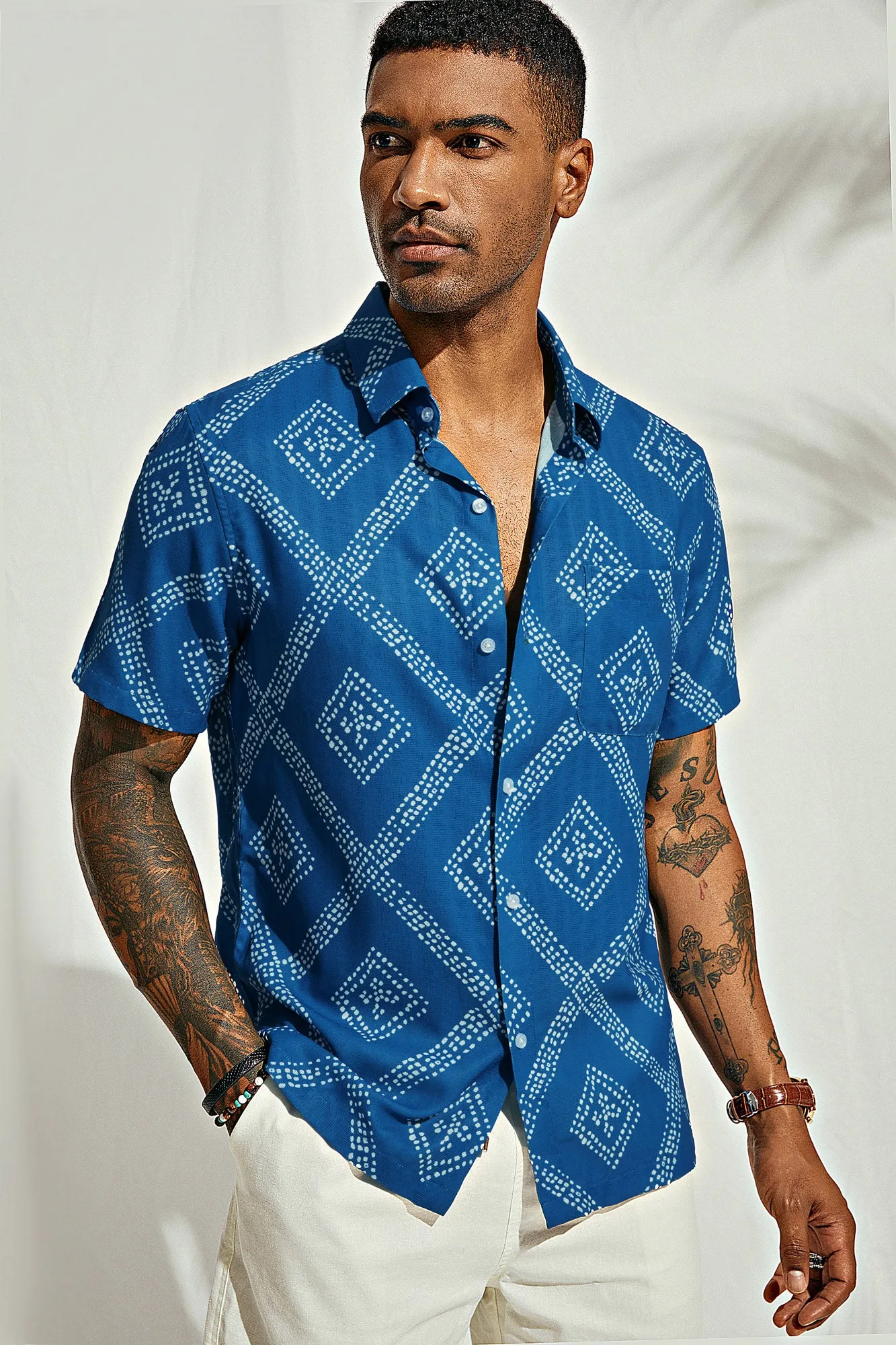 Men Basic Shirt Casual Short Sleeve Classic Collar Button-up Hawaiian Shirts