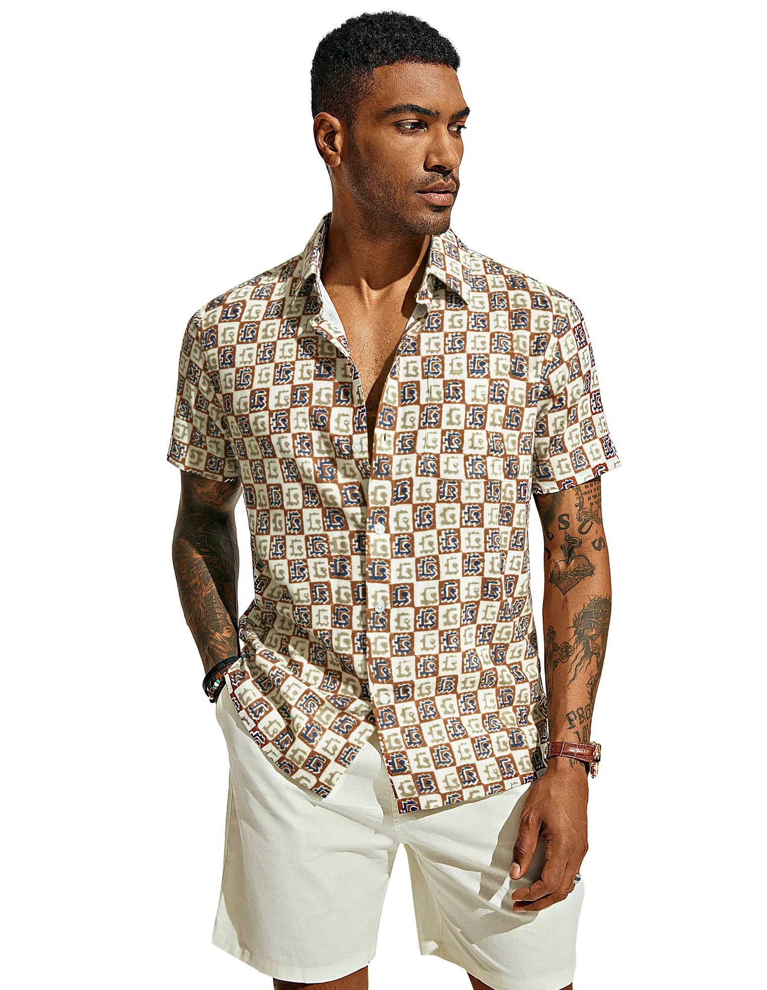 Men Basic Shirt Casual Short Sleeve Classic Collar Button-up Hawaiian Shirts