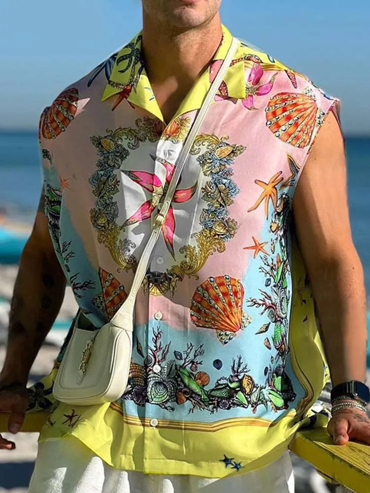 Men Sleeveless Hawaiian Shirts Printing Summer Lapel Sleeveless Vacation Camisa 2022