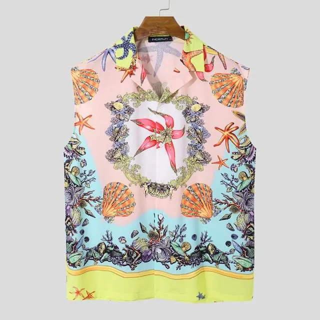 Men Sleeveless Hawaiian Shirts Printing Summer Lapel Sleeveless Vacation Camisa 2022