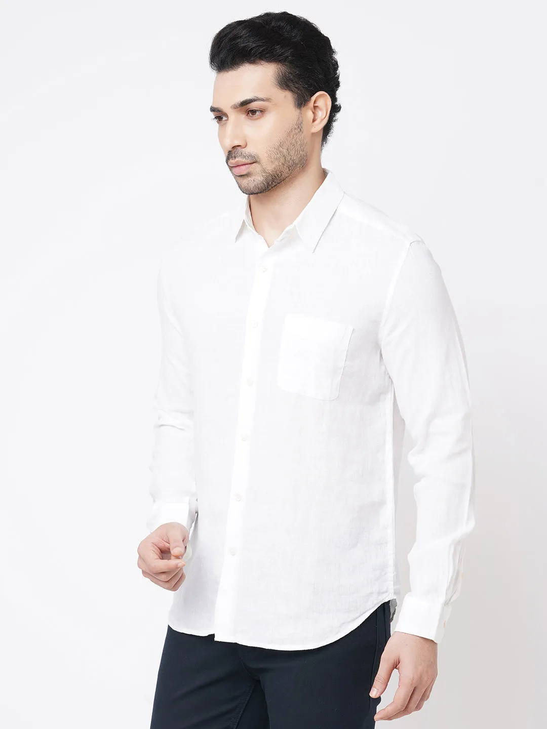 Men's 100% Linen White Regular Fit Long Sleeved Shirt