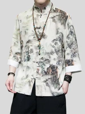 Men's Comfort Smooth 3/4 Sleeve Landscape Painting Print Shirts