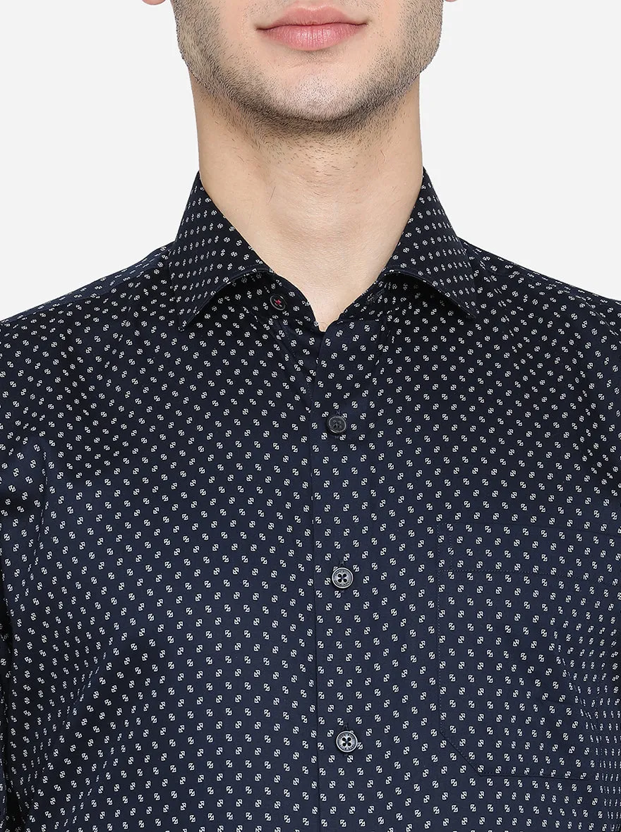 Navy Blue & White Printed Regular Fit Formal Shirt | JadeBlue