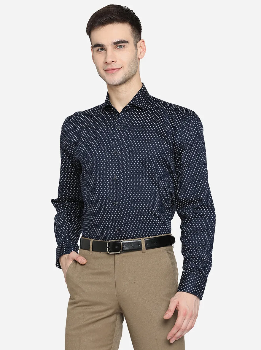 Navy Blue & White Printed Regular Fit Formal Shirt | JadeBlue