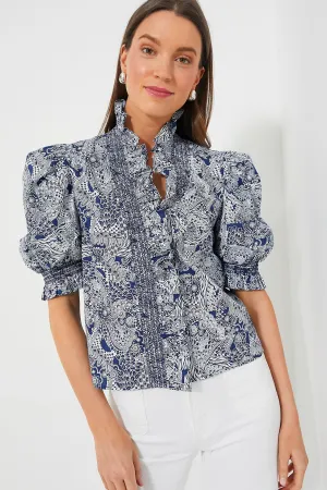 Navy Geo Floral Ruffle Neck Aria Blouse