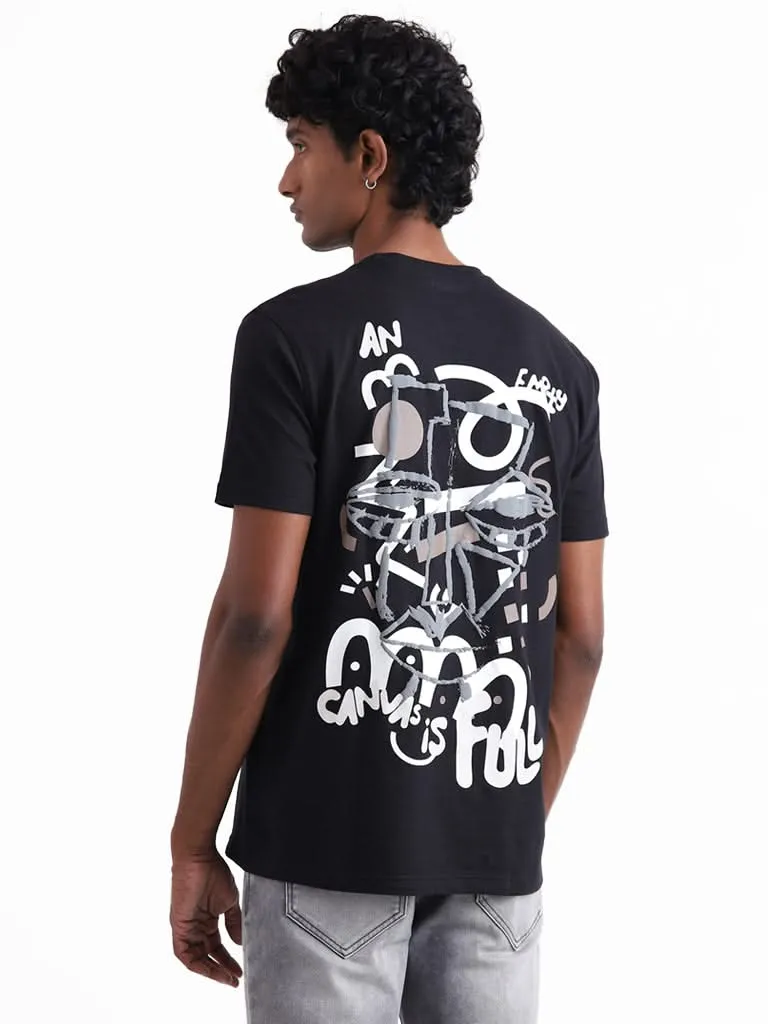 Nuon Black Typographic Printed Cotton Slim-Fit T-Shirt