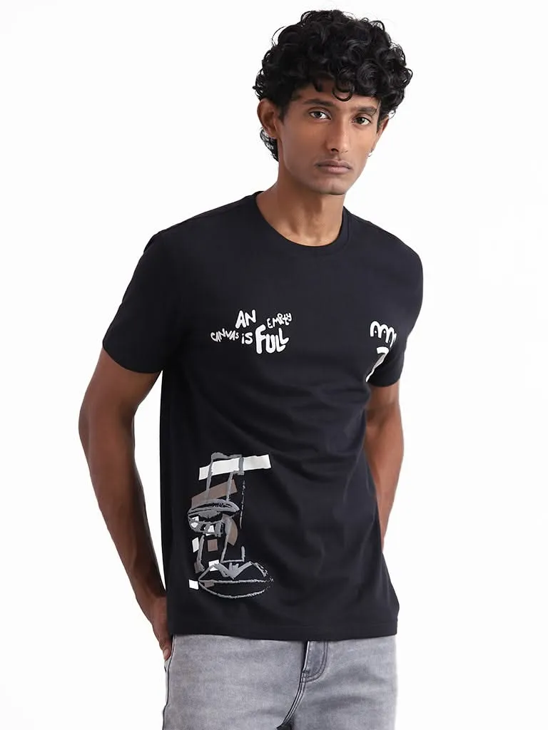 Nuon Black Typographic Printed Cotton Slim-Fit T-Shirt