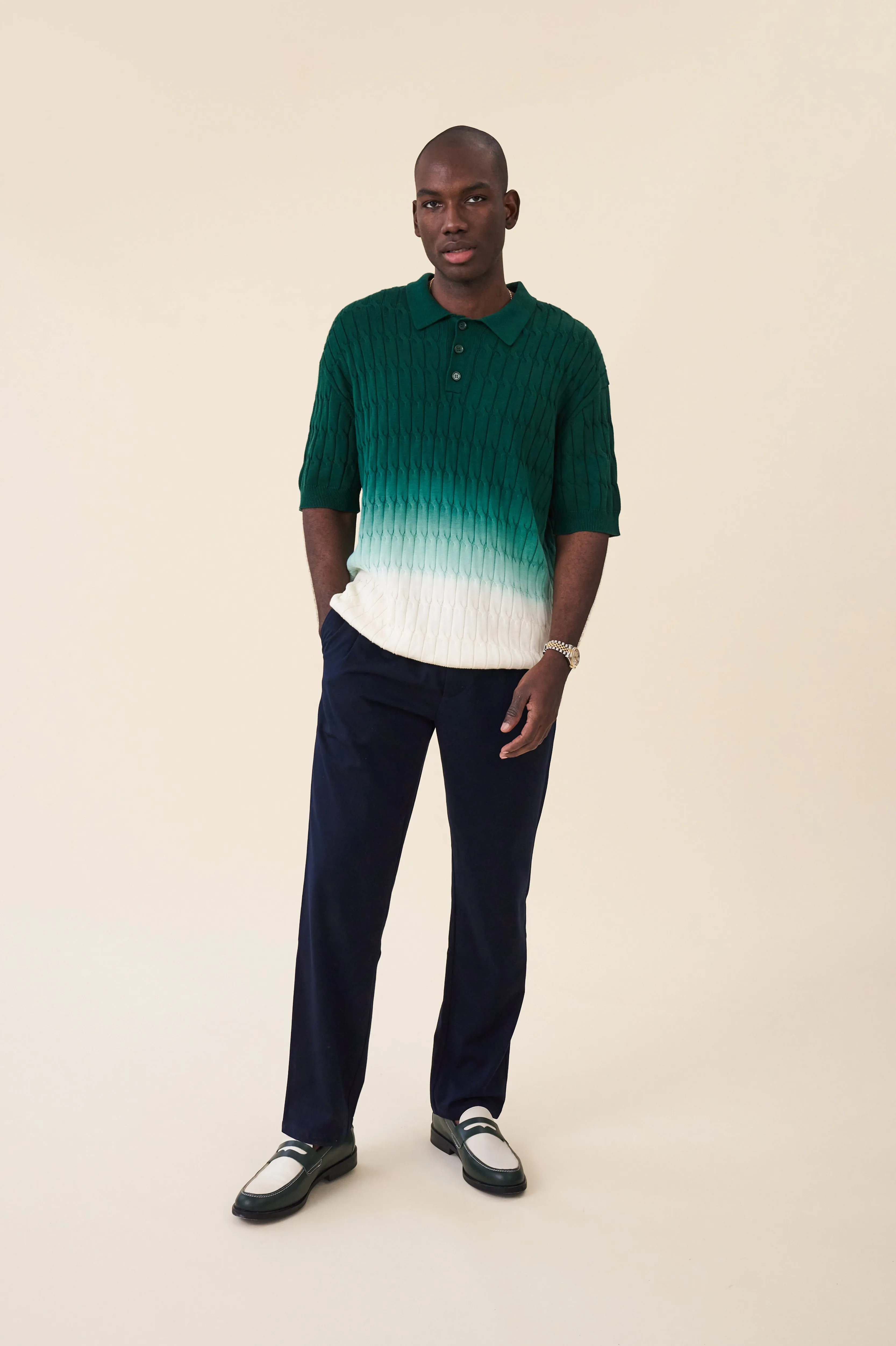 OMBRE CABLE KNIT POLO - FOREST / CREAM