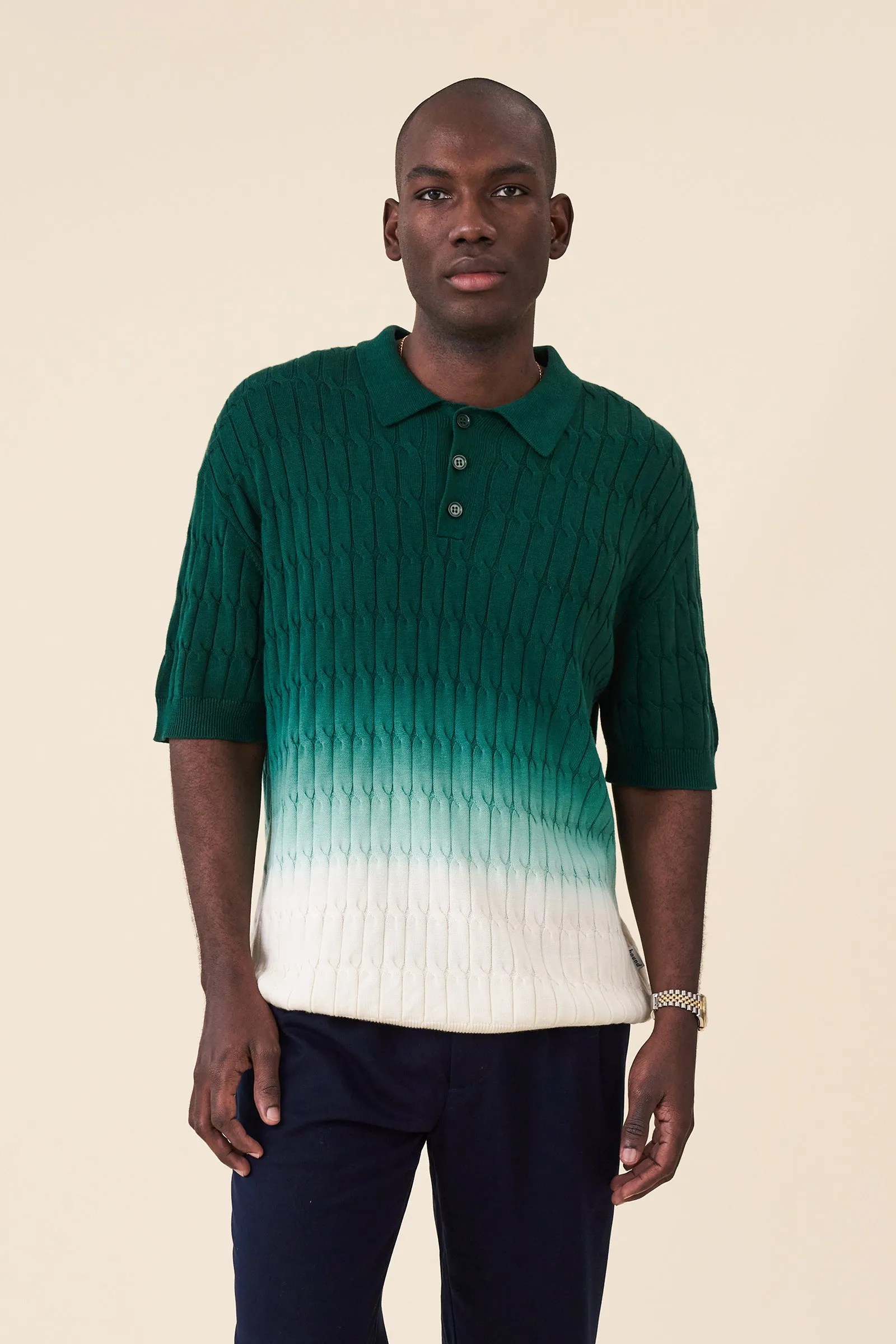 OMBRE CABLE KNIT POLO - FOREST / CREAM