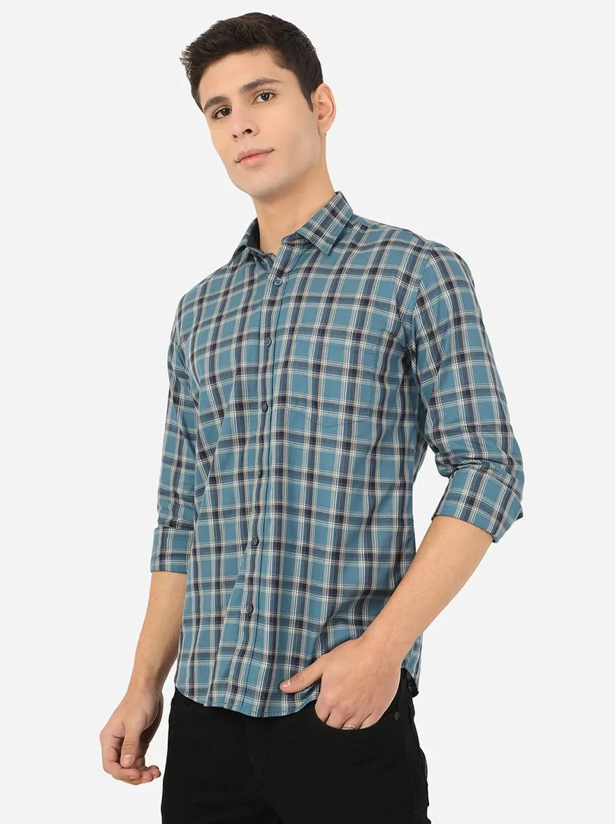 Pacific Blue Checked Slim Fit Casual Shirt | Greenfibre