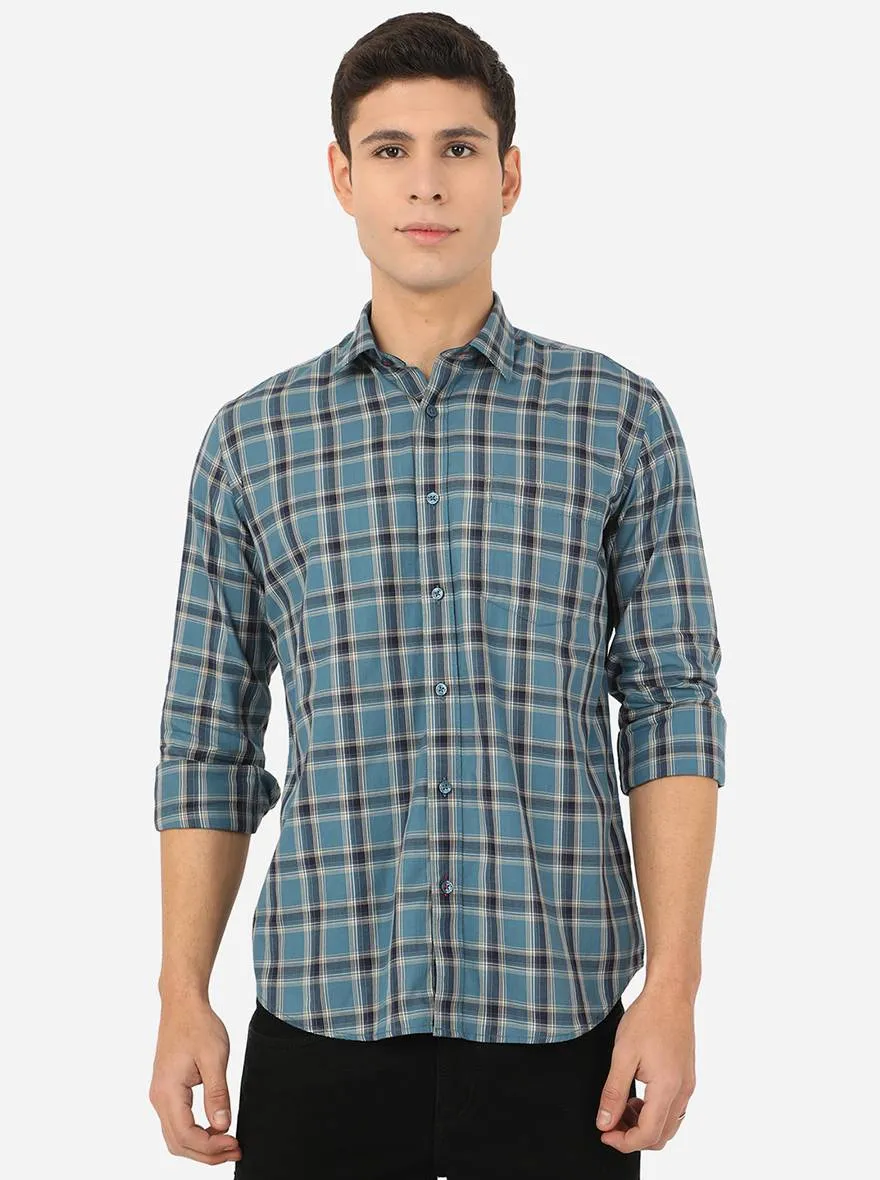 Pacific Blue Checked Slim Fit Casual Shirt | Greenfibre