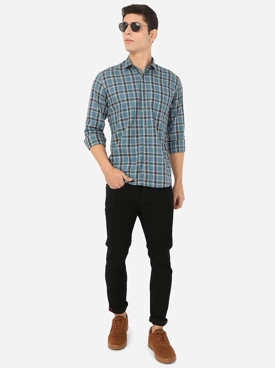 Pacific Blue Checked Slim Fit Casual Shirt | Greenfibre