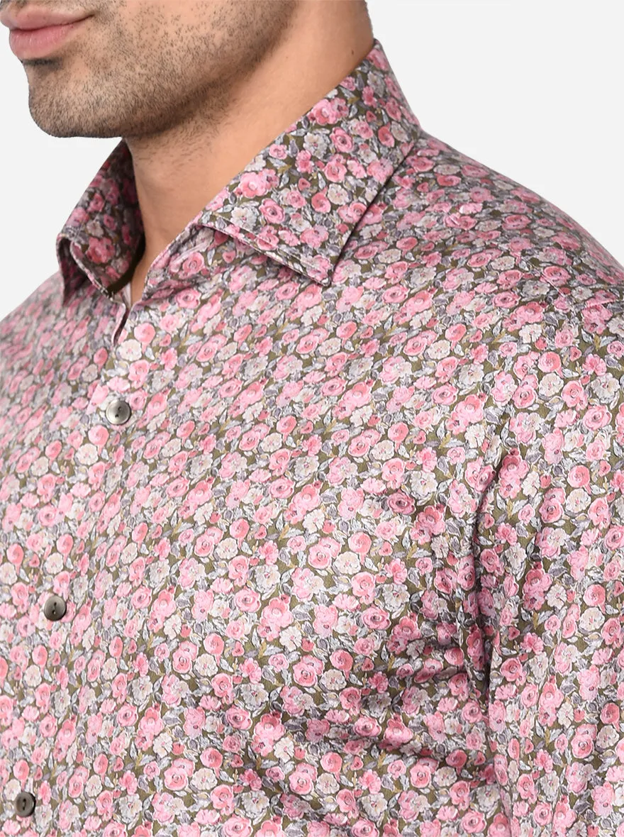 Pink & Green Printed Slim Fit Party Wear Shirt | Wyre