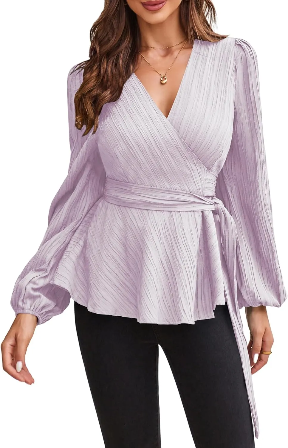 Placket with self-tie V-neck Long Sleeve Shirts