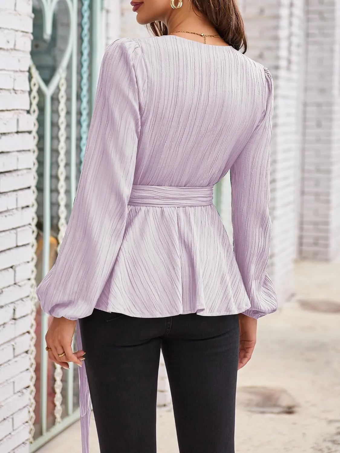 Placket with self-tie V-neck Long Sleeve Shirts