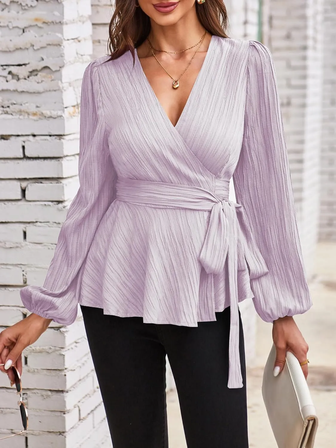 Placket with self-tie V-neck Long Sleeve Shirts