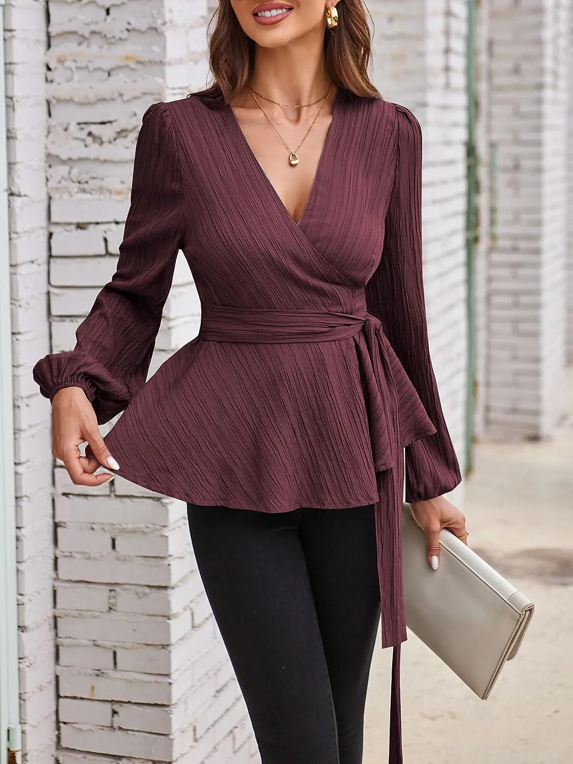 Placket with self-tie V-neck Long Sleeve Shirts